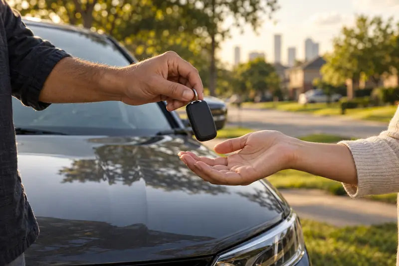 Car key handed over across the hood of a car