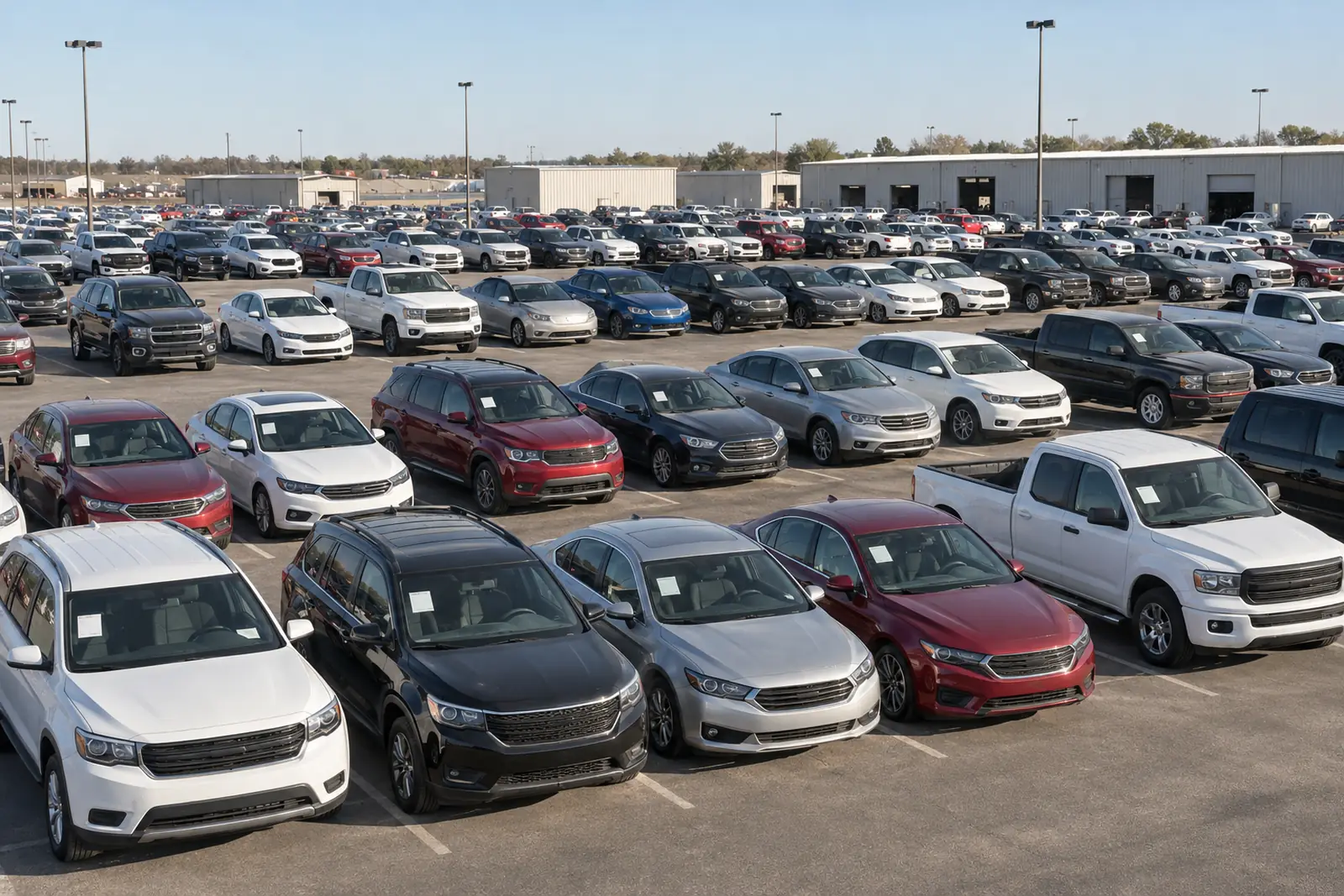 Rows of used cars at a wholesale dealer auction