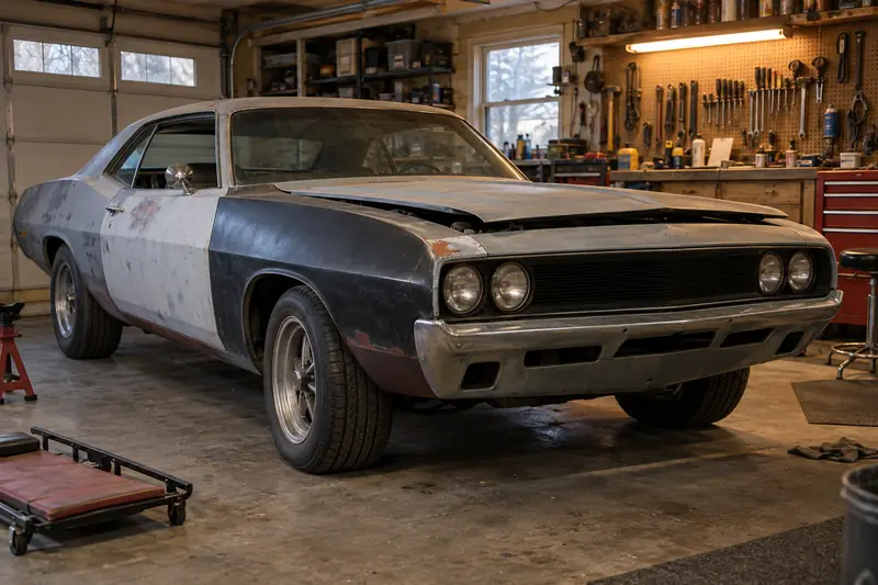Primer-patched muscle car project in a home garage